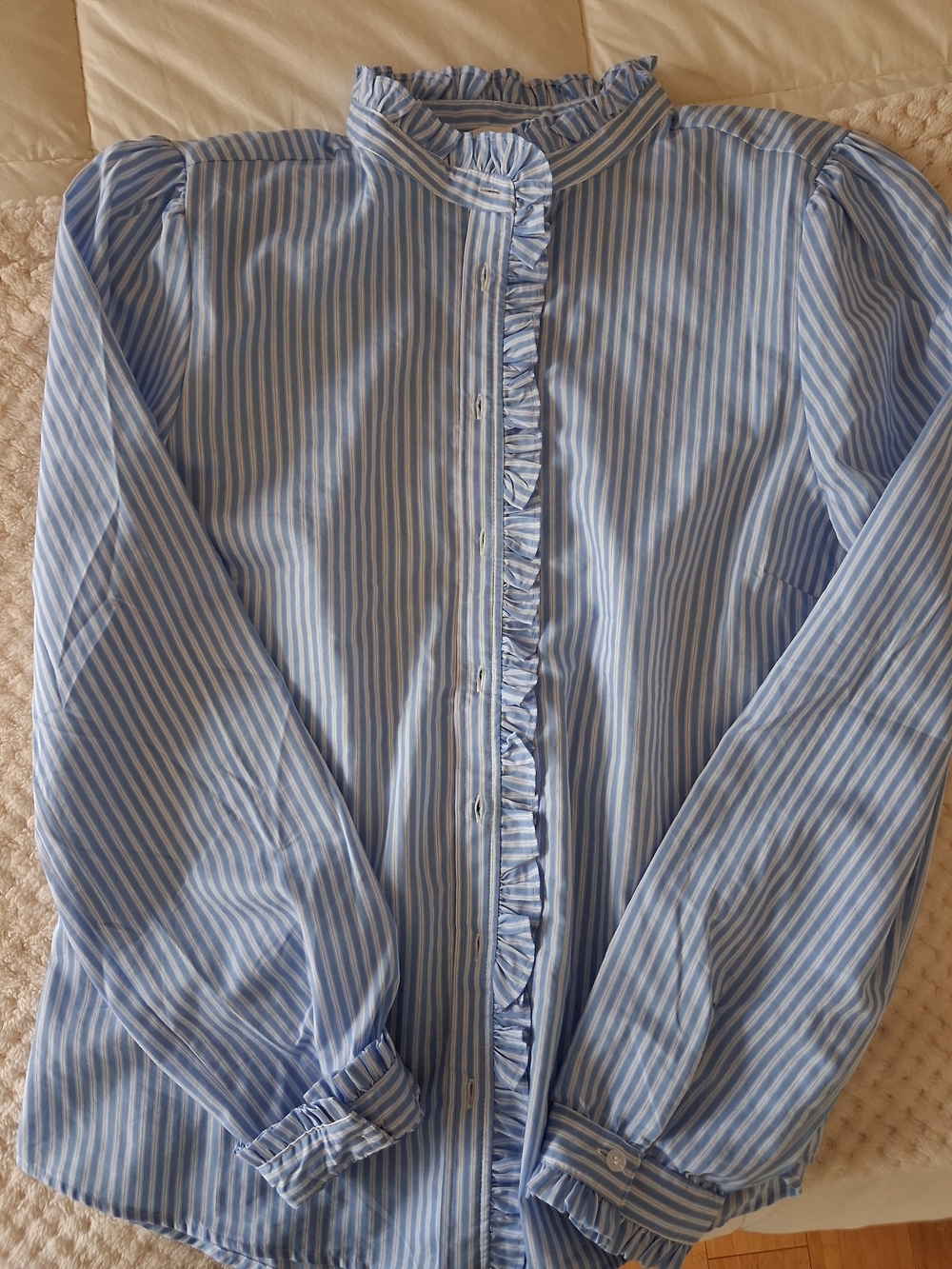 H&M Light Blue and White Striped Ruffle Button-Down Shirt